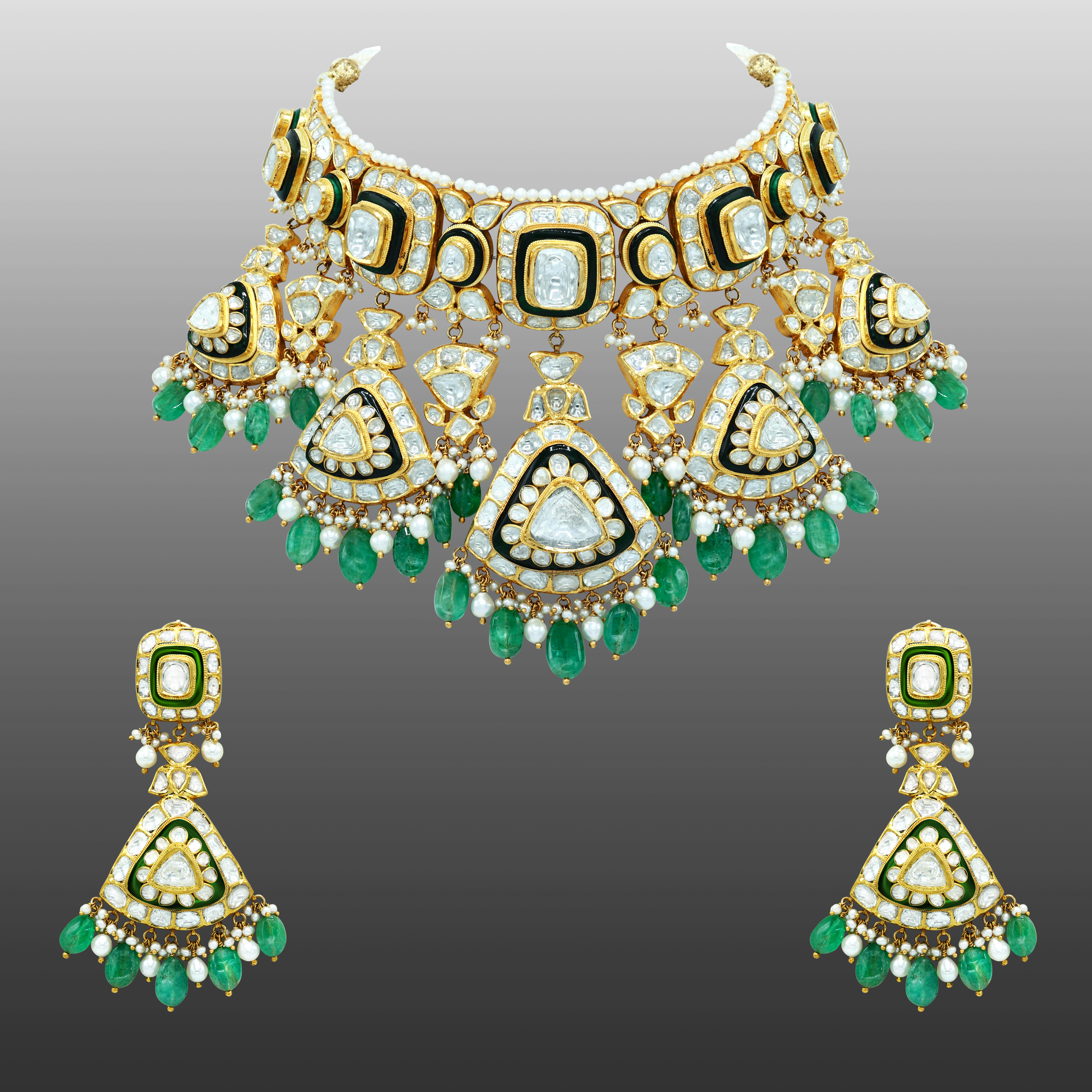 Polki Choker Set with Green Enamel and Emerald Drop Details